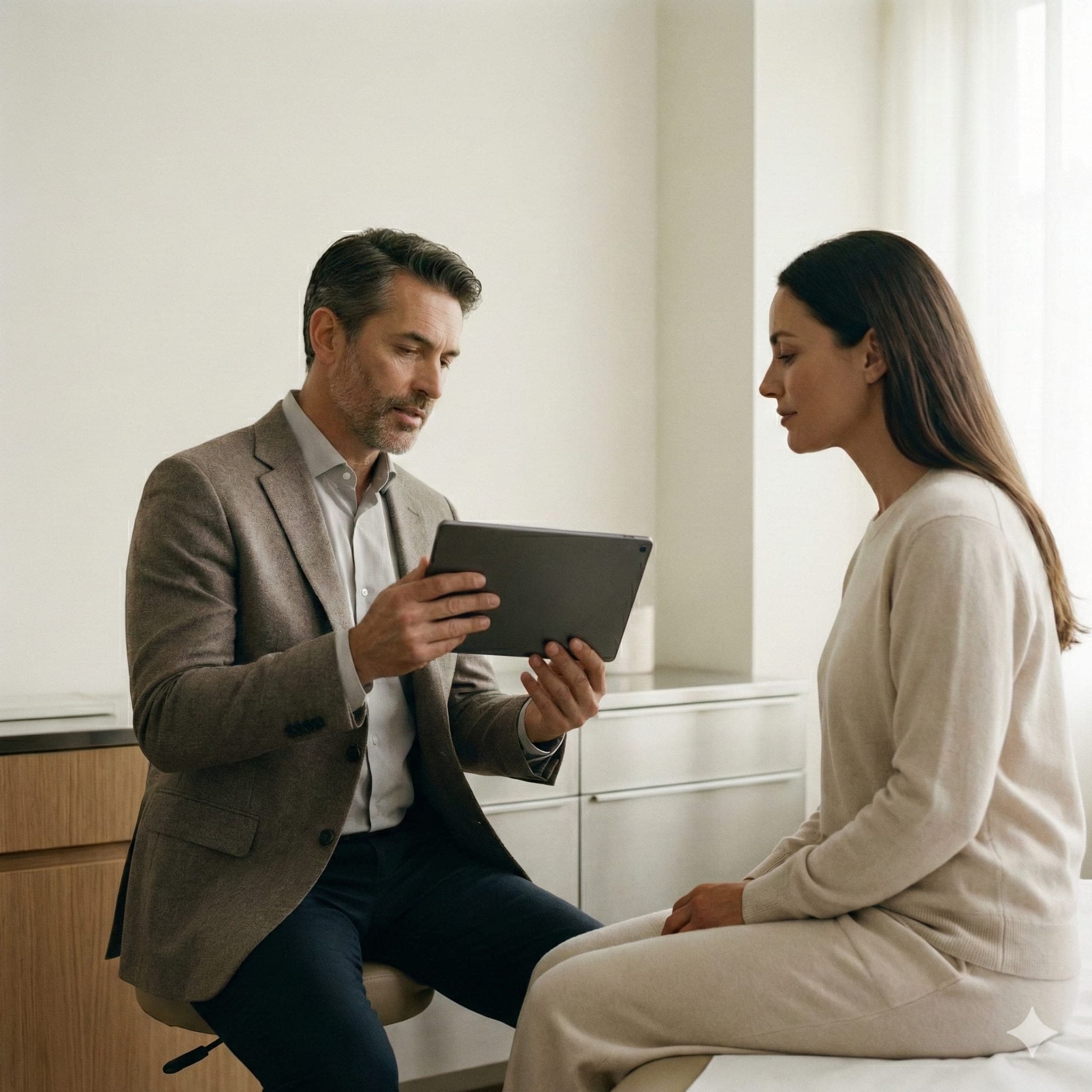 Imagem premium: médico(a) analisando dados clínicos/genéticos em ambiente sofisticado